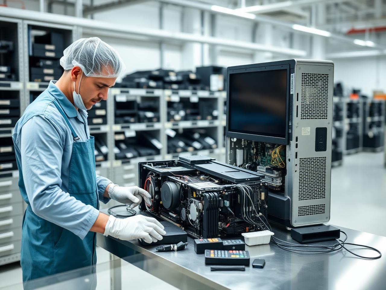 Technician dismantling a desktop computer in a recycling facility